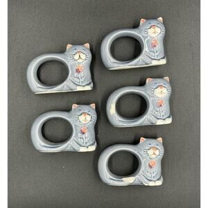 Vintage Ceramic Cat Napkin Rings Set of 5 Light Blue Hand-Painted Table Décor